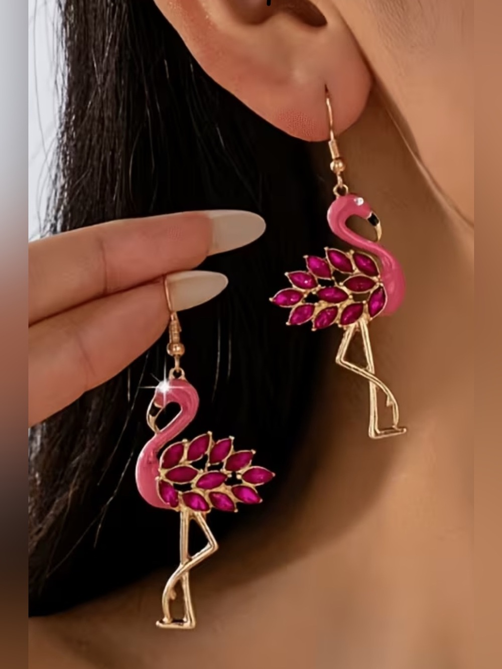 Pink Flamingo Drop Earrings with Pink Crystal Accents